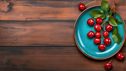 Fresh Cherries on Teal Plate, Rustic Wooden Background AI Generated