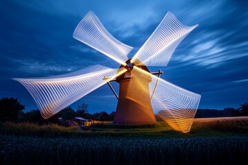 Illuminated windmill turns in twilight over rural landscape at dusk