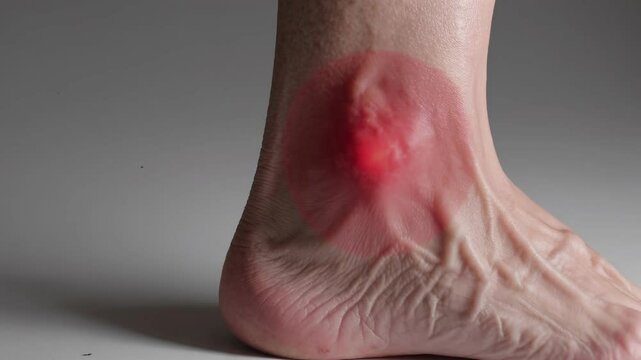 Close-up video angle of a foot with a red, swollen area, highlighting skin texture and medical concern in a clinical, focused style.