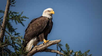 Majestic Bald Eagle Perched on Branch Against Blue Sky
