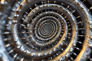 Fototapeta premium Spiral formation of metallic spikes creates an intriguing visual illusion in modern art installation