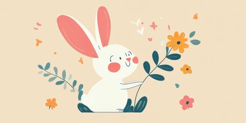 An adorable rabbit holding a flower with delightful floral accents