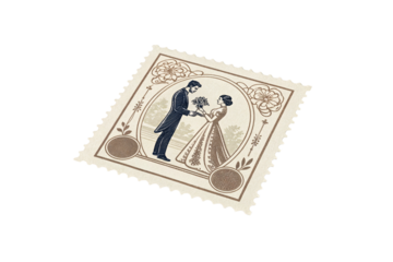 A vintage-style wedding postage stamp featuring a bride and groom exchanging a bouquet, surrounded by ornate floral patterns, capturing a timeless moment of romance, isolated on transparent background
