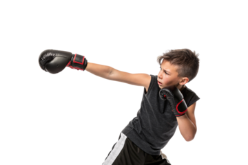 A young boy in a black sleeveless shirt and boxing gloves throws a determined punch, showing focus, strength, and athleticism in his training stance, isolated on a transparent background