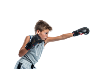 A young boy in a gray tank top and white boxing shorts delivers a sharp jab. His black boxing gloves and determined eyes reflect his concentration and skill, isolated on a transparent background