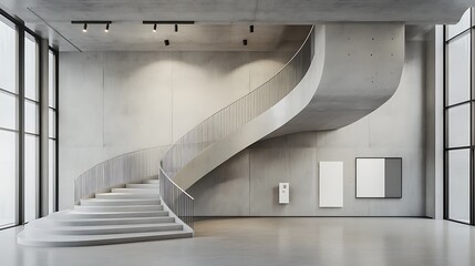 Obraz premium Modern Concrete Spiral Staircase: Architectural 3D Render of a Sleek Interior Space AI Generated