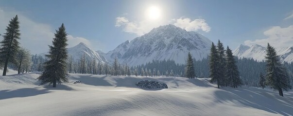 Obraz premium A serene winter scene of a snow-covered mountain peak with pine trees and soft sunlight reflecting off the snow. 