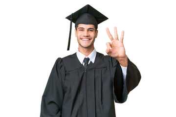 Young university graduate caucasian man over isolated background happy and counting three with fingers