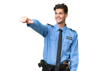 Young police man over isolated background giving a thumbs up gesture