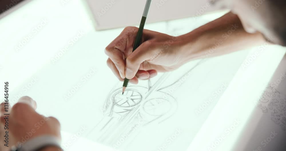 Poster Drawing, sketch and hands with design for car, vehicle and automobile prototype at night in studio. Creative designer, artist and person with blueprint, ideas or illustration for automotive structure