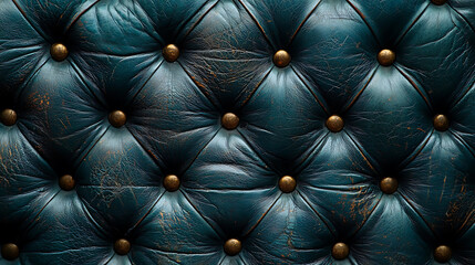 Fototapeta premium Close-up of a teal leather tufted surface with diamond pattern and brass buttons showcasing texture and aged detail.