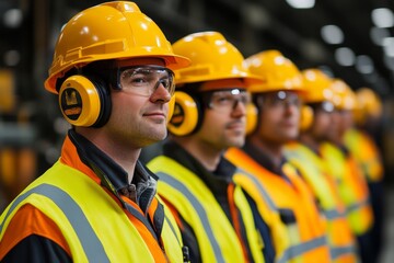 Workers in factory wear safety gear. Men in bright orange safety vests, yellow hard hats stand in row. sound barriers, earmuffs for noise control. Noise level monitoring equipment visible. 32k image