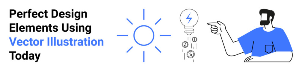 Man in a blue shirt pointing at a glowing light bulb surrounded by energy, idea, and finance symbols. Ideal for creativity, innovation, energy, technology, brainstorming, design and flat landing