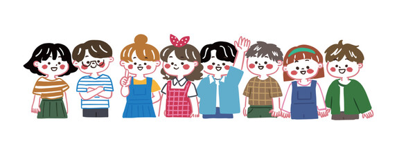 こちらを見て笑っている小学生くらいのかわいい子供達のイラスト