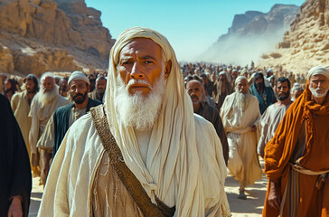 Moses leads the Jewish people through the desert toward the Promised Land under a clear sky
