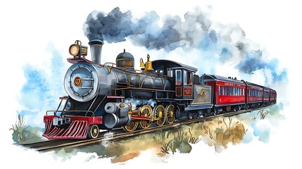Vintage Steam Train Watercolor Illustration: Rolling Through the Prairie AI Generated