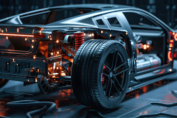 Obraz premium Power source for charging battery of beautiful hybrid electric car on road, abstract vivid composition consists of fictional unreal fantastic vision on background