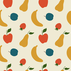 Fruits vector seamless pattern with pear, apple, banana, plum, strawberry. Repeating background with fruity harvest. Vegetarian food, ingredients, farm, garden, market