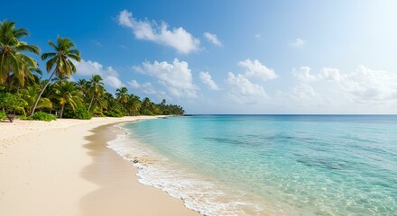 Fototapeta premium A tropical beach with turquoise waters, soft white sand, gentle waves, palm trees swaying in the breeze, bright sunny sky