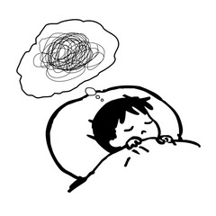 Lost in thought, a child drifts into dreams while tangled ideas swirl in their mind.