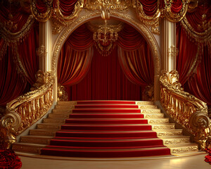 Fototapeta premium Luxurious Grand Staircase with Golden Accents and Red Velvet Details