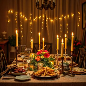 Comida para presentar en una mesa con velas y candelabros, toallas, candelabros