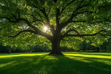 Obraz premium Majestic oak tree in sunlight, green grass.