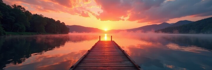 Magical sunset casts warm glow on tranquil lake dock , pink, sunset