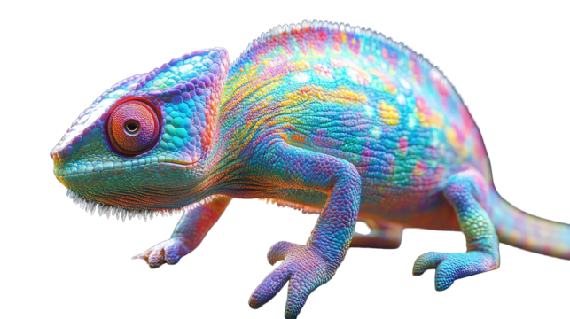 A vibrant chameleon changing colors on a transparent background