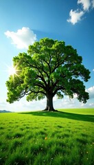 Majestic oak tree dominates field, full sun, perfect crown, solitary, outdoor, summer