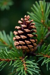 Fototapeta premium Mature pine cone resting on spruce branches, natural light, natural, woodland