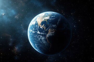 Naklejka premium Blue planet set against a backdrop of stars and galaxies in deep space