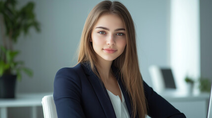 Fototapeta premium Navy-Blazer-Wearing Young Female Executive with a Confident Gaze, Working at a Stylish White Desk under the Soft Illumination of Left-Side Window Light