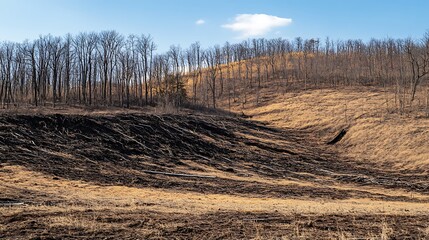 Deforestation Area with Bare Trees and Dry Grass in Hilly Terrain