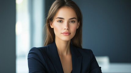 Obraz premium Elegant Young Female Executive in Navy Blazer, Exuding Confidence, Serenely Working at a Contemporary White Desk under the Delicate Softness of Left-Side Window Lighting