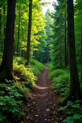 Obraz premium Narrow trail, decaying logs, dense canopy, Algonquin Provincial Park , Ontario, undergrowth