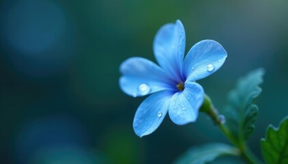 Droplets glisten on the delicate petals of a small blue blossom, waterdrop, dainty