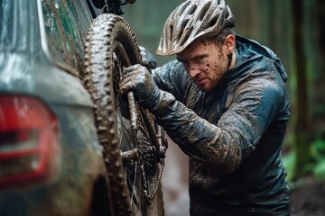 Obraz premium A man placing his muddy mountain bike on a car, his face full of satisfaction after conquering a challenging trail.