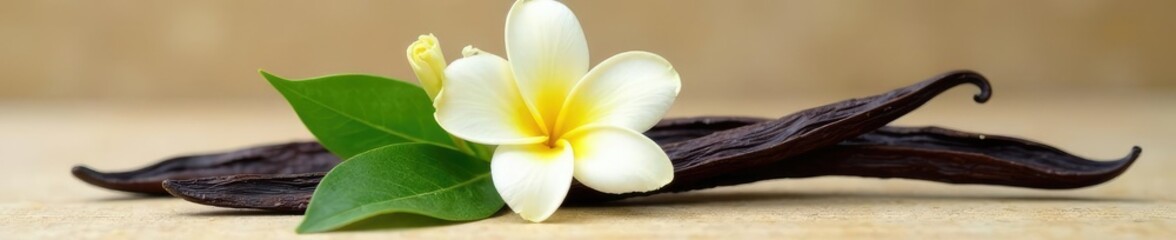 Freshly picked vanilla pod with delicate white flowers, vanilla pod, flower