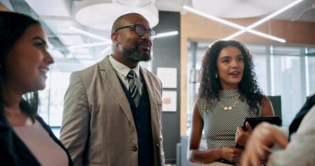 Collaboration, meeting and smile with business people in lobby of office for planning or strategy. Conversation, discussion and teamwork with corporate employee group in workplace for conference