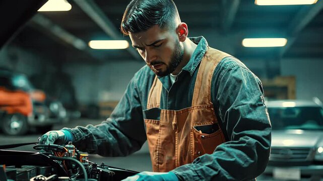 Auto mechanic works diligently on vehicle engine in busy repair shop, Closeup shot of auto mechanic in auto repair shop checking engine in garage