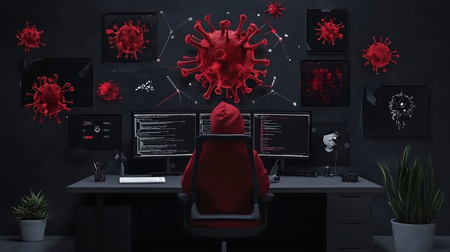 Cybersecurity Threat: 3D Render of a Hacker Amidst a Viral Outbreak AI Generated - Powered by Adobe