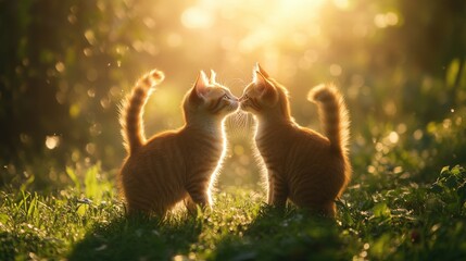 Sunlit meadow gleams as a curious orange tabby kitten poses, eyes sparkling with mischief. Grass tickles its paws, while its head tilts in playful wonder
