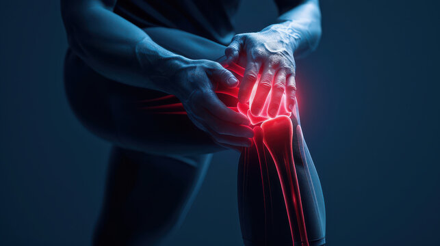 person clutching their knee in pain, highlighted by red glow, indicating injury or discomfort. image conveys sense of urgency and physical strain