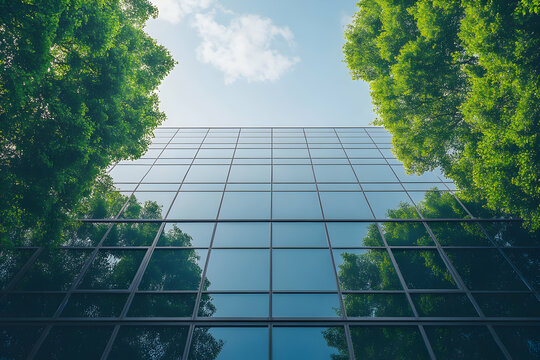 Modern office building facade with reflective glass windows and green trees - Powered by Adobe