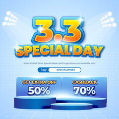 Obraz premium 3.3 Special Sale discount deals Super Light Blue gradient Editable text effect Stadium style podium showcase square promotional banner poster flyer template