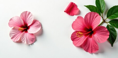 Obraz premium Hibiscus flower pieces on white surface with stems and leaves included, plant, garden, white