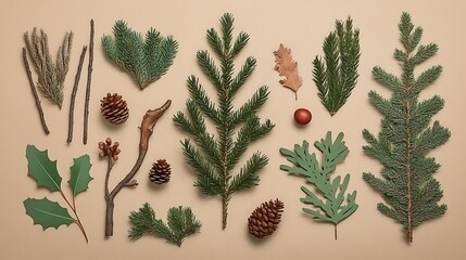 Winter Botanical Flat Lay: A Collection of Evergreens and Berries AI Generated