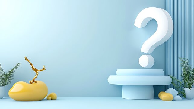3D Render: Abstract Question Mark and Sculptures in a Serene Blue Room AI Generated