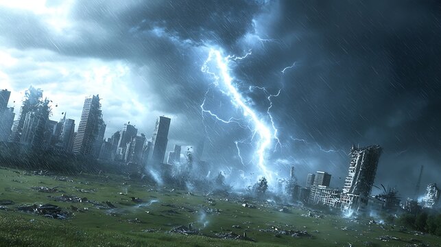 Ruined city hit by lightning storm, apocalyptic landscape, disaster visual effect - Powered by Adobe